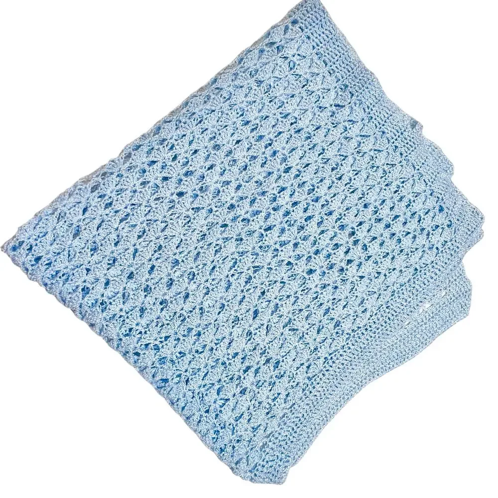 Handmade Light Blue Crocheted Baby Blanket 49X43